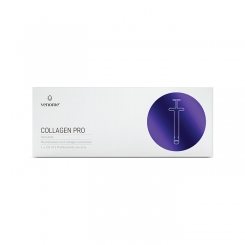 Pudełko z napisem „Collagen Pro” i ikoną strzykawki w fioletowym kole po prawej stronie.