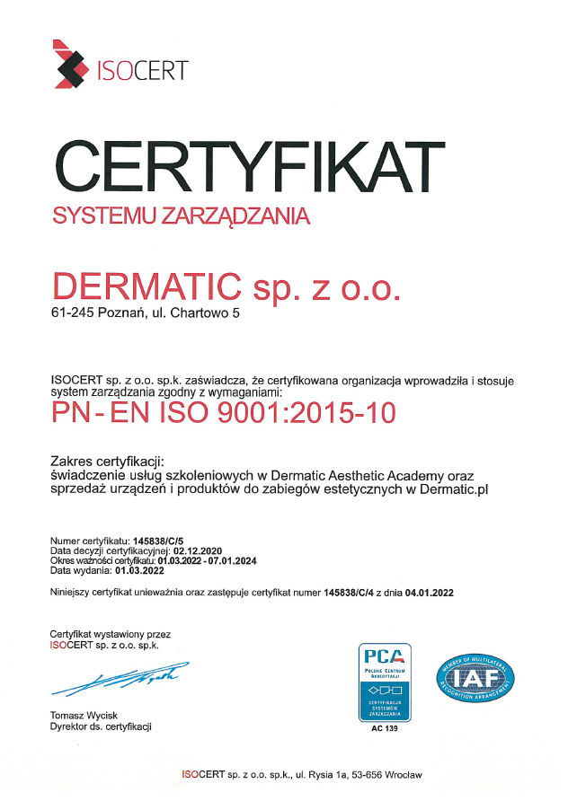 Certyfikat zarządzania zgodnie z normą ISO 9001:2015-10 dla firmy Esthetic Solutions, właściciela marki Dermatic.pl i Dermatic Aesthetic Academy.